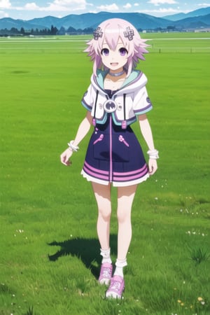 solo, 1girl, looking at viewer, 2D, anime, anime coloring,(green grass field with blue sky),neptune, choker, hoodie, smile, :d,(full body,longshot),legs,shoes,standing,blue and white stripes sock
