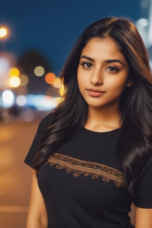 beautiful cute young attractive Indian teenage girl, City girl, 27 years old, cute, Instagram model, long black_hair, warm, dacing, in city night ,1girl,pov,photorealistic, Indian Woman, tradition , Indian tradition,Woman ,Indian , black tshirt, big natural breast