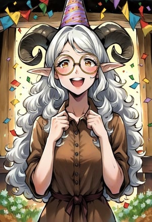 faux traditional media, score_8_up, 1girl, solo, solo, female elf, white hair, black horns, sheep horns, fluffy hair, glasses, round eyewear, cute, happy, blush, brown top, farm, birthday hat, cone hat, confetti, 