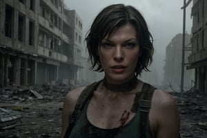 hyperrealistic photo of Milla Jovovich as Alice in "Resident Evil", with an action look, carrying two guns and with an expression of determination and focus. She is in a desolate and post-apocalyptic environment, with remnants of a destroyed city in the background. 