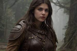 Alexandra Daddario as Annabeth Chase in "Percy Jackson & the Olympians: The Lightning Thief", wearing the character's medieval brown leather outfit. The image should have an epic style, focusing on Alexandra's expression and the setting of the demigod camp. 