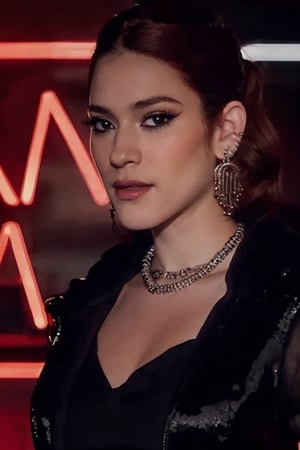 Ana Clara is on a television show set, where she is the presenter. She is wearing a fashionable dress, with earrings, necklace and makeup, dark lipstick, black mascara and black eyeliner, highlighting her red hair. The image has a cinematic style. The image resolution is high, capturing all the details of the scenery and Ana Clara's clothes.