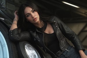 hyperrealistic image of Megan Fox in an iconic scene from the movie "Transformers", with a modern and powerful look, wearing a leather and jeans outfit, with the characteristic look of the movie. The image should have a cinematic and futuristic style, with focus on the actress, her look, and the atmosphere of the movie.