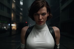 A striking, futuristic image of Milla Jovovich as Violet Song,  standing alone in a dark, abandoned cityscape. She is dressed in her signature white leather outfit, with a hint of red around her eyes.  Her expression is fierce and determined, her gaze unwavering, as she looks directly at the viewer,  ready to face any challenge. Render the image with a strong, cinematic style,  emphasizing the texture of the leather and the harsh lighting that illuminates the scene. 