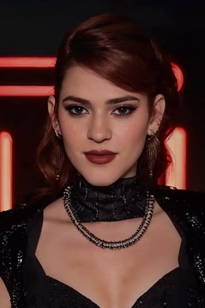 Ana Clara is on a television show set, where she is the presenter. She is wearing a fashionable dress, with earrings, necklace and makeup, dark lipstick, black mascara and black eyeliner, highlighting her red hair. The image has a cinematic style. The image resolution is high, capturing all the details of the scenery and Ana Clara's clothes.