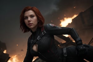 hyperrealistic image of Black Widow, played by Scarlett Johansson, in a dynamic action pose, with the hero's full suit. She is with her hands in a fighting position, with an expression of determination and concentration. The background is a destroyed city with explosions and battle lights. The focus is on the texture of the suit, the details of the weapons and Black Widow's heroic expression. 