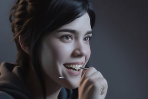 1girl, solo, black hair, 1boy, male focus, teeth, parody, realistic, fine art parody