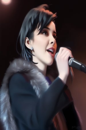 1girl, solo, short hair, black hair, coat, microphone, realistic, music, singing,Masterpiece