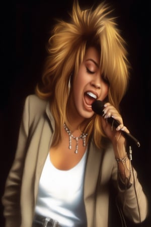 1girl, solo, long hair, open mouth, blonde hair, jewelry, closed eyes, earrings, necklace, nail polish, microphone, realistic, music, retro artstyle, singing