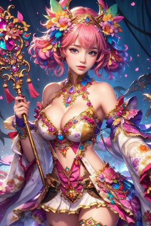 busty and sexy girl, Tribal girl, feather headdress 8k, masterpiece, ultra-realistic, best quality, high resolution, high definition, vibrant colors, featuring a youthful appearance and fantasy elements. The character should have large expressive eyes, pink hair adorned with flowers and ribbons, and wear a detailed costume with multiple layers, including ruffles, bows, and jewels. The outfit should incorporate bright shades of pink and purple with gold accents. GEMSTONE MAGIC ROD,MG