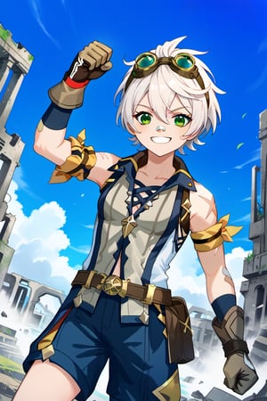 1boy, alone,bennett,green eyes,white hair,hair between eyes,short hair,bangs,googles,goggles on head,bandaid,bandaid on face,bandaid on nose,sleeveless,scar,scar on arm,shorts, looking at viewer, smiling, ruins, blue sky, fist pump, brown gloves