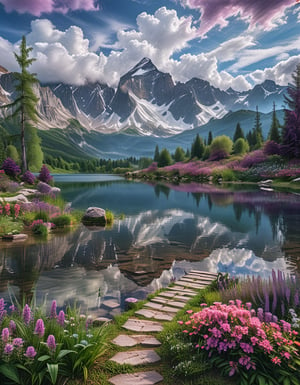 A beautiful fantasy landscape, with mountains and trees, and a majestic sky with white clouds, a lake can be seen that is still like a mirror reflecting the sky, the grass is purple and dark purple like lavender, Flowers bloom with radiance that brings magic to the place, it was morning day cinematic 8k photography shot by Sony cameras, ultra realistic,more detail XL