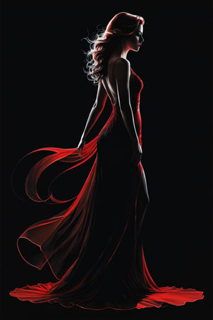 Poster, close-up, Full body, Shadow art, red outline drawing on a dark black background, Red outline silhouette, flowing hair, silhouette of a beautiful young woman, 
perfect physique, slender graceful forms, charming modesty, perfection in a tight black silk dress, resolution 8k, Side view, Shadows, Mysterious,
style of Jean Baptiste Monge, Thomas Kinkade, David Palumbo, Carne Griffiths.