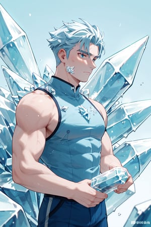 ice,score_9,hubgman,score_6_up,score_7_up,score_8_up, ice, man, blue_hair, ice body, body covered in ice, blue uniform, sleeveless, small K logo on the chest, throwing ice spikes from hands,thin, 