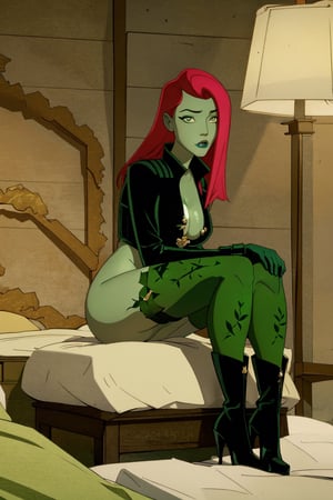 masterpiece, highest quality, 8k high quality photo, cinematic lighting, Poison ivy,(,green_skin, naked, black boots, black gloves, big_boobs, black_stockings, big ass, looking towards the camera in full body, in bed, sitting_on_face, pattern revealing sexy,),poisonivy,bondage outfit,(nsfw-3), thighhighs