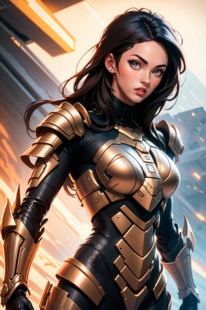 masterpiece, highest quality, 8k high quality photo, cinematic lighting,Megan fox,brown armor,gray features on armor,long_hair,black-hair,metallic brown sleeves,flying,magnetism,electromagnetic pulse,cyber_armor