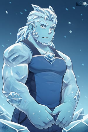 ice,score_9,hubgman,score_6_up,score_7_up,score_8_up, ice, man, blue_hair, ice body, body covered in ice, blue uniform, sleeveless, small k logo on the chest, throwing ice spikes from hands,thin, strong