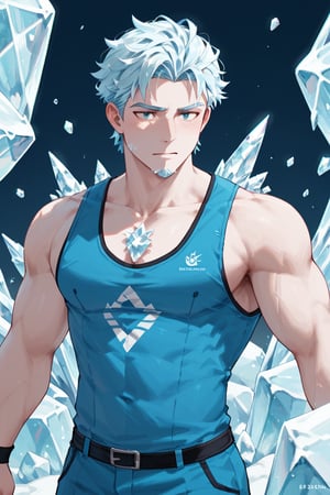 ice,score_9,hubgman,score_6_up,score_7_up,score_8_up,  man, blue_hair, ice body, ice arms,blue uniform, sleeveless, small K logo on the chest,thin, 