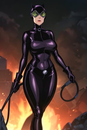 masterpiece, highest quality, 8k high quality photo, cinematic lighting,CARTOON_catwoman_masked_ownwaifu,bodysuit
(purple latex suit, big_boobies, black_gloves, black_belt, whip, black_boots,),