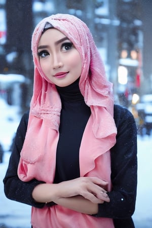 1indonesian girl in, (wear a hijab and levis jacket:1.2), (Raw photo, Best Quality), (Realistic, Photorealsitic:1.4), masterpiece, Extremely delicate and beautiful, Extremely detailed, 2k wallpaper, amazing, finely detail, the Extremely Detailed CG Unity 8K Wallpapers, Ultra-detailed, hight resolution, Soft light, Beautiful detailed girl, extremely detailed eye and face, beautiful detailed nose, Beautiful detailed eyes, Cinematic lighting, Illuminations coloring the neon city on a snowy night, Snowy landscape, It's snowing, Snow in the hair, Perfect Anatomy, Slender body, Taut, hijab veil, Bangs, Looking at Viewer, A slight smile, hikmah, veil