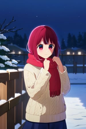 Arima Kana smiling warmly as she wears a cozy sweater in the midst of winter. The snowflakes gently fall around her, framing her joyful expression. The soft lighting highlights the texture of her sweater and the flakes' delicate dance. She stands with one hand on her hip, the other holding a scarf, against a rustic wooden fence, surrounded by the serene snowy landscape.