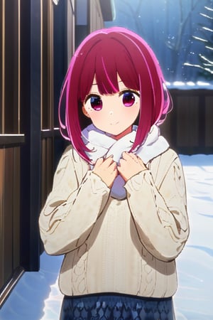 Arima Kana smiling warmly as she wears a cozy sweater in the midst of winter. The snowflakes gently fall around her, framing her joyful expression. The soft lighting highlights the texture of her sweater and the flakes' delicate dance. She stands with one hand on her hip, the other holding a scarf, against a rustic wooden fence, surrounded by the serene snowy landscape.