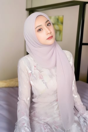 1girl, solo, white hijab, black eyes, beauty, looking at viewer, )white wedding dress:1.4), sitting, indoors, on bed, realistic, (8K UHD:1.4), indonesian, hijab scarf