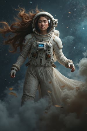 Young woman lost in space, floating amidst cosmic dust and distant galaxies, soft ethereal lighting, intricate space suit, serene expression, vast starry background, hyper-realistic, dynamic composition, sharp focus, cinematic atmosphere.