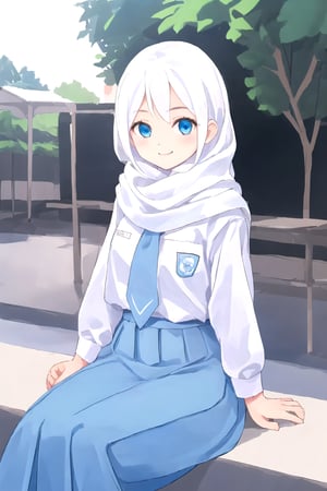 1girl, wearing SMA_Uniform, sitting, outdoors, smiles, white shirt, blue skirt, white scarf, 