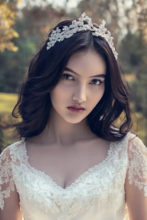 Close-up shot of a stunning woman's front face, adorned with a delicate lace-trimmed wedding veil. Her porcelain-like skin glows with an Ultra-High definition, showcasing every fine detail. The intricate beading and embroidery on her wedding dress sparkle in the soft light, framing her serene expression as she gazes directly into the camera.,gaby