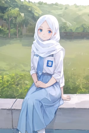 1girl, wearing SMA_Uniform, sitting, outdoors, smiles, white shirt, blue skirt, white scarf, 