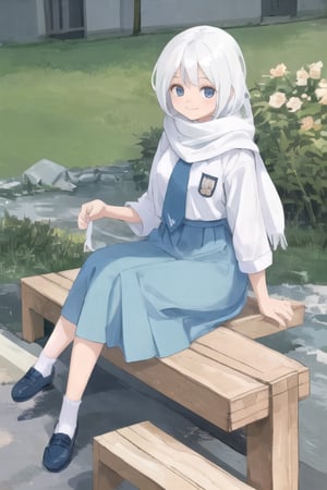 1girl, wearing SMA_Uniform, sitting, outdoors, smiles, white shirt, blue skirt, white scarf, 