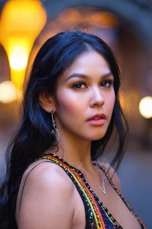 A captivating portrait shot captures the striking woman's face, her raven-black tresses flowing down her back like a dark waterfall. Her piercing gaze holds ours as she stands against a kaleidoscope city street backdrop, the vibrant lights and pulsing energy subtly illuminated in her luminous skin tone.