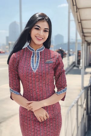 A warm sunlight illuminates a stunning woman standing confidently in her Lion Air attendant uniform on a bustling city street. Her vibrant black hair frames her beaming smile, showcasing her radiant high-definition features. The outdoor setting allows for a beautiful play of light and shadow on her upper body, emphasizing the crisp details of her attire.