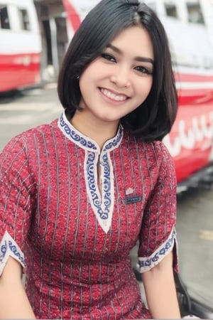 upper body, front, woman wearing Lion Air Attendant Uniform, smiles, black hair, high detailed face and body, outdoors street