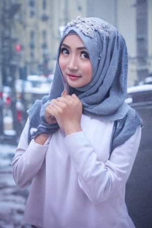 1indonesian girl in, (wear a hijab and levis jacket:1.2), (Raw photo, Best Quality), (Realistic, Photorealsitic:1.4), masterpiece, Extremely delicate and beautiful, Extremely detailed, 2k wallpaper, amazing, finely detail, the Extremely Detailed CG Unity 8K Wallpapers, Ultra-detailed, hight resolution, Soft light, Beautiful detailed girl, extremely detailed eye and face, beautiful detailed nose, Beautiful detailed eyes, Cinematic lighting, Illuminations coloring the neon city on a snowy night, Snowy landscape, It's snowing, Snow in the hair, Perfect Anatomy, Slender body, Taut, hijab veil, Bangs, Looking at Viewer, A slight smile, hikmah, veil