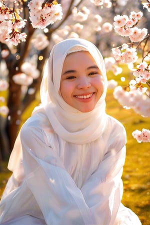 A serene woman, adorned in a white long shirt and a hijab, sits amidst the tranquil beauty of a sakura garden. Her warm smile illuminates the soft, golden light filtering through the blooming cherry blossom trees. The delicate petals fall gently around her, like snowflakes on a winter's day. The subject's eyes sparkle with joy as she gazes into the distance, surrounded by the gentle rustle of ice crystals suspended in mid-air.