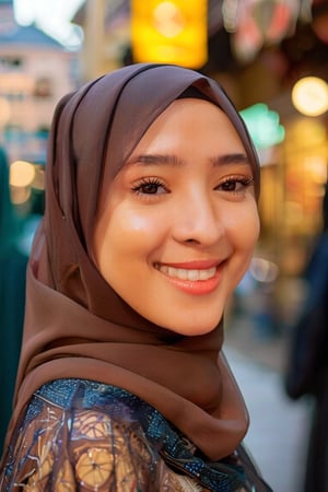 A stunning close-up captures the gentle smile of a woman donning a hijab, as she stands outdoors amidst a bustling street scene. The soft focus of the bokeh effect creates a dreamy atmosphere, with intricate details visible on her face. Shot in breathtaking 8K resolution, the image is so sharp it's as if you're gazing directly into her eyes.