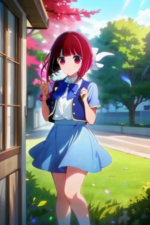 Arima Kana, a cheerful student, stands outdoors in a school uniform, beaming with a mischievous smile. She wears her uniform with pride, the bright blue and white colors standing out against the lush green surroundings. The sunlight casts a warm glow on her face, highlighting her joyful expression. Framed by a few scattered leaves and a distant tree, Arima Kana's portrait captures her carefree spirit.