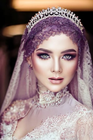 A stunning close-up shot of a bride's face during the golden hour. The soft, warm light casts a romantic glow on her porcelain skin, accentuating the delicate features and brightening her beautiful eyes with long lashes. Her dark, luscious locks cascade down her shoulders, framing the lace trim on her wedding dress as it shimmers in the bokeh-like background. UHD resolution captures every intricate detail, from the subtle texture of her gown to the subtle sparkle on her eyes.