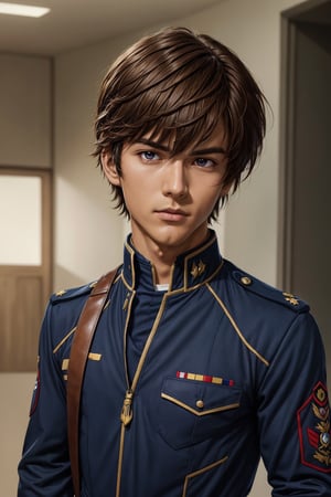 Tips: (Extremely detailed CG uniform 8k wallpaper, masterpiece, top quality, super detailed), male anime character wearing navy blue uniform, 1boy, male focus, handsome face, brown short straight hair, solo, Gundam ZAFT Uniform, Trend Artstation, Fantasy 00d, Mature, Mature,solo male kira yamato,military uniform