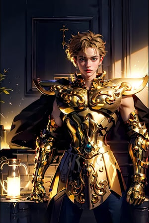 1 boy, wearing the golden holy garment of Sagittarius, looking at the audience, his whole body,Leoarmor