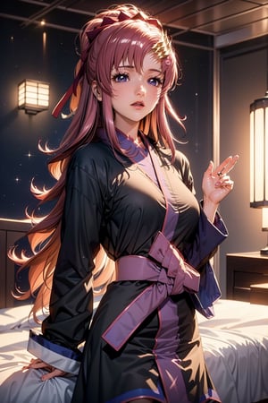 (Masterpiece: 1.2), best quality, high resolution, unified 8k wallpaper, (illustration: 0.8), perfect lighting, extremely detailed CG, (perfect hands, perfect anatomy), 1lady, milf, cute, Beautiful, charming lady, lacus_a, purple eyes, hair accessories, long hair, wavy hair accessories, pink hair, wearing black Japanese kimono, space station in the background, lacus costume 1, kimono, lacus-bk, future room,Futuristic room