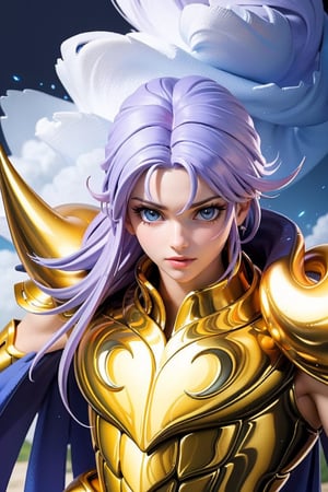 (Extremely detailed CG uniform 8k wallpaper, masterpiece, best quality, super detailed), a male anime character wearing golden armor, in a picture showing his outfit, 1boy, golden armor, male focus, handsome face , purple wave shawl long hair, armor, solo, zoom layer, gemini armor cloud, trending on Artstation, fantasy00d, saint