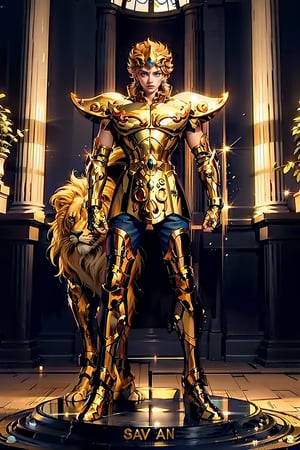 A young man, wearing the golden holy garment of Sagittarius, looking at the audience, standing, his whole body, lion armor