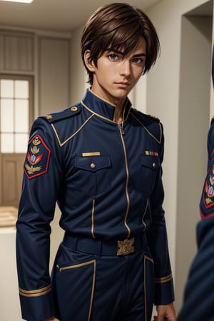 Tips: (Extremely detailed CG uniform 8k wallpaper, masterpiece, top quality, super detailed), male anime character wearing navy blue uniform, 1boy, male focus, handsome face, brown short straight hair, solo, Gundam ZAFT Uniform, Trend Artstation, Fantasy 00d, Mature, Mature,solo male kira yamato,military uniform