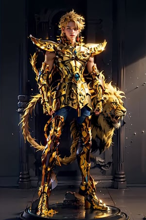 A young man, wearing the golden holy garment of Sagittarius, looking at the audience, standing, his whole body, lion armor