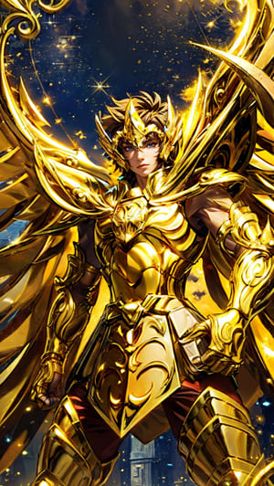  (extremely detailed CG unity 8k wallpaper, masterpiece, best quality, ultra-detailed), a male anime character with golden armor on in a picture showing his outfit, 1boy, gold armor, male focus, armor, solo, zoom layer,Sagittariusarmor