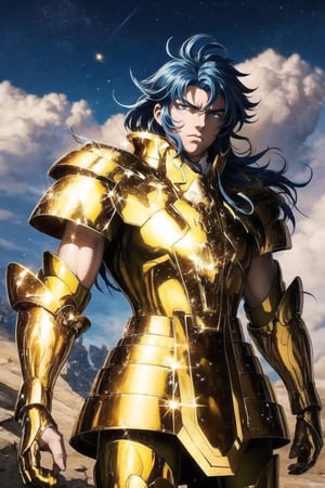 (Extremely detailed CG uniform 8k wallpaper, masterpiece, best quality, super detailed), a male anime character wearing golden armor, in a picture showing his outfit, 1boy, golden armor, male focus, handsome face , dark blue wavy hair, armor, solo, zoom layer, Gemini armor cloud, trending on Artstation, fantasy00d, Saga