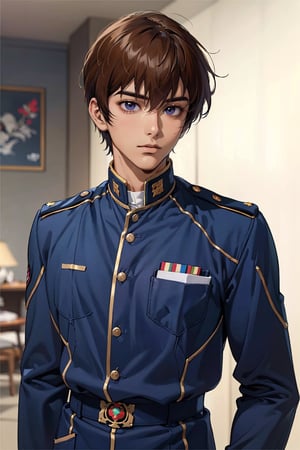 Tips: (Extremely detailed CG uniform 8k wallpaper, masterpiece, top quality, super detailed), male anime character wearing navy blue uniform, 1boy, male focus, handsome face, brown short straight hair, solo, Gundam ZAFT Uniform, Trend Artstation, Fantasy 00d, Mature, Mature,solo male kira yamato,military uniform,1guy